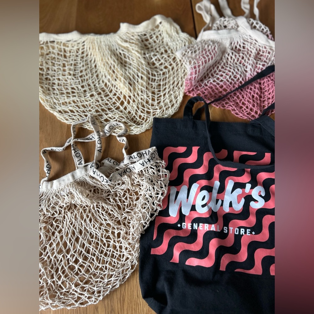 Mesh Tote Bags ( 3) and Black Graphic Tote from Welks General Store Vancouver BC
